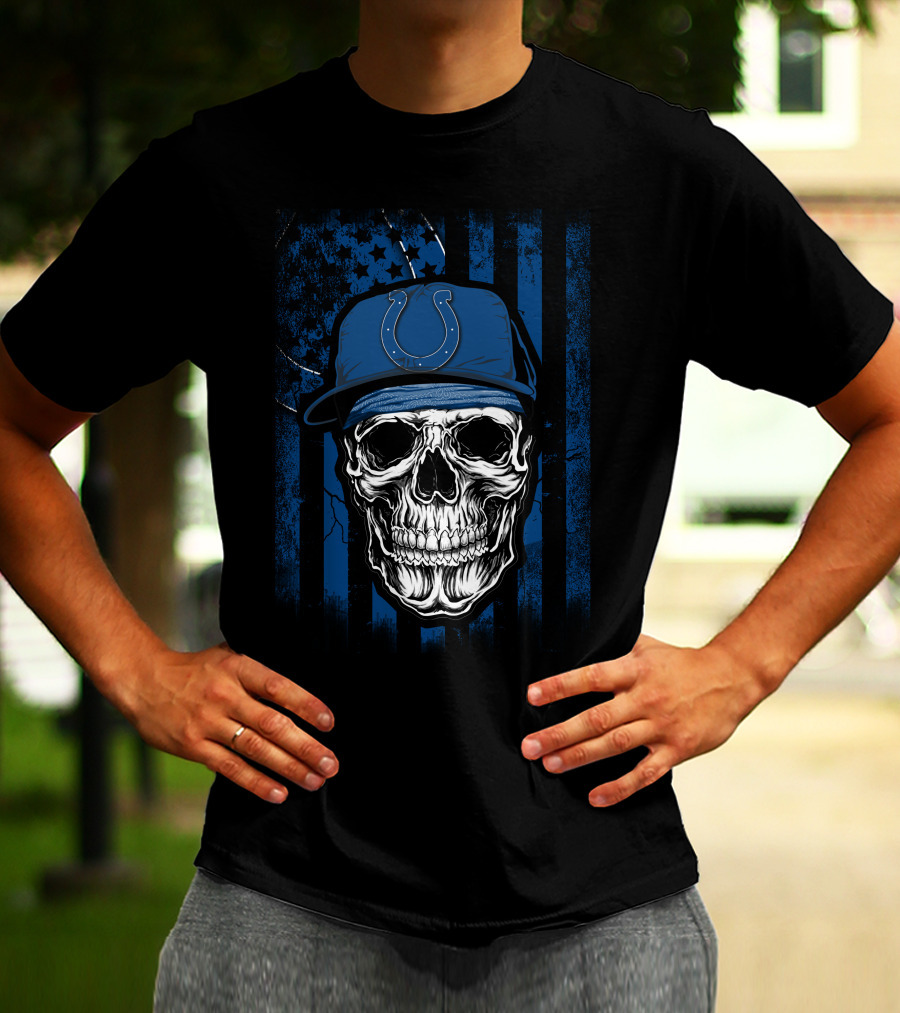Indianapolis Colts Skull With Blue Flag Background T-Shirt