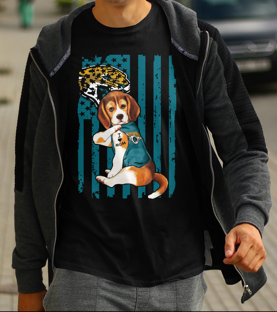 Beagle Wearing Jacksonville Jaguars Jersey With I Love Mom Tattoo And Jaguar T-Shirt