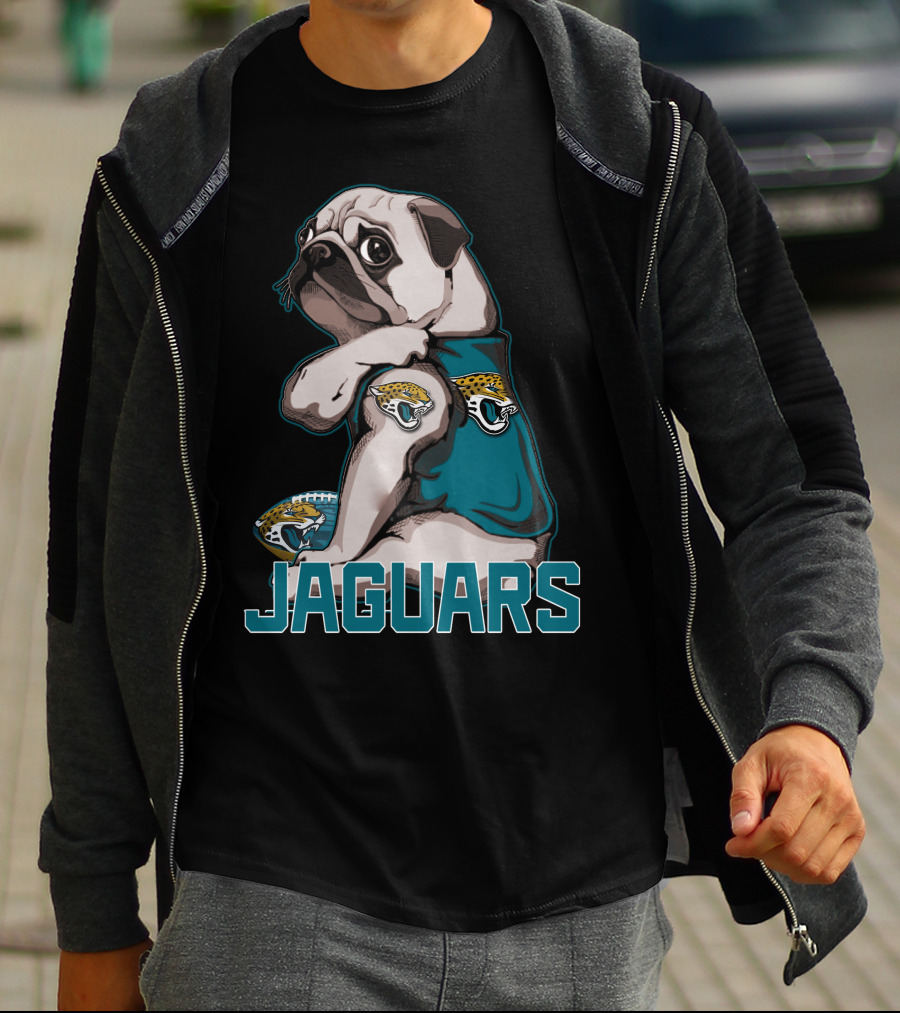 Jaguars Pug Wearing Jacksonville Logo Shirt With Team Football T-Shirt
