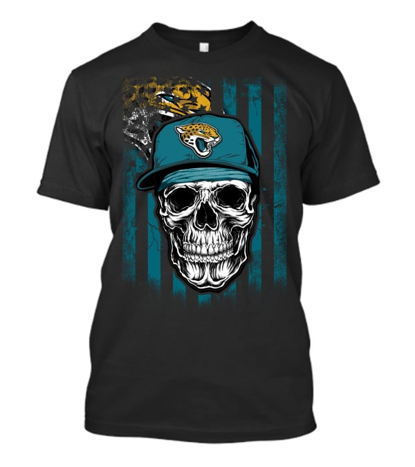 Skull In Jacksonville Jaguars Cap With Teal Stripes T-Shirt
