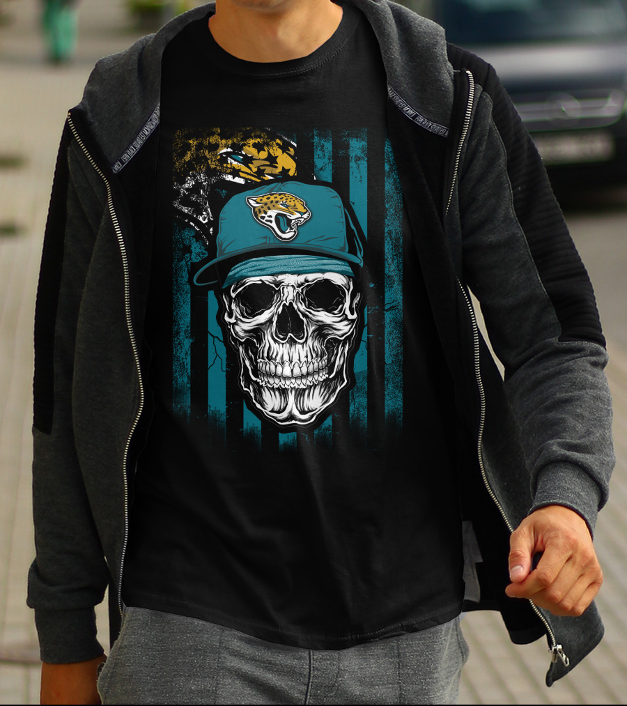 Skull In Jacksonville Jaguars Cap With Teal Stripes T-Shirt