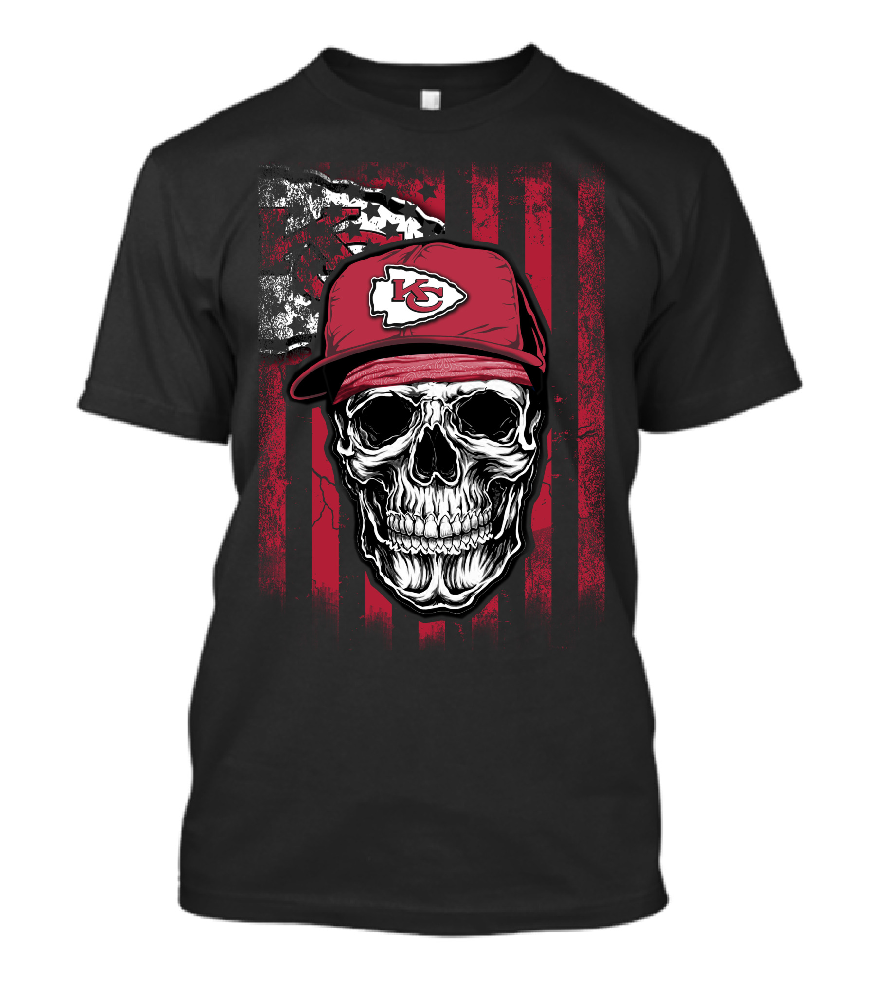 Kansas City Chiefs Skull With Red Hat And Flag Background T-Shirt