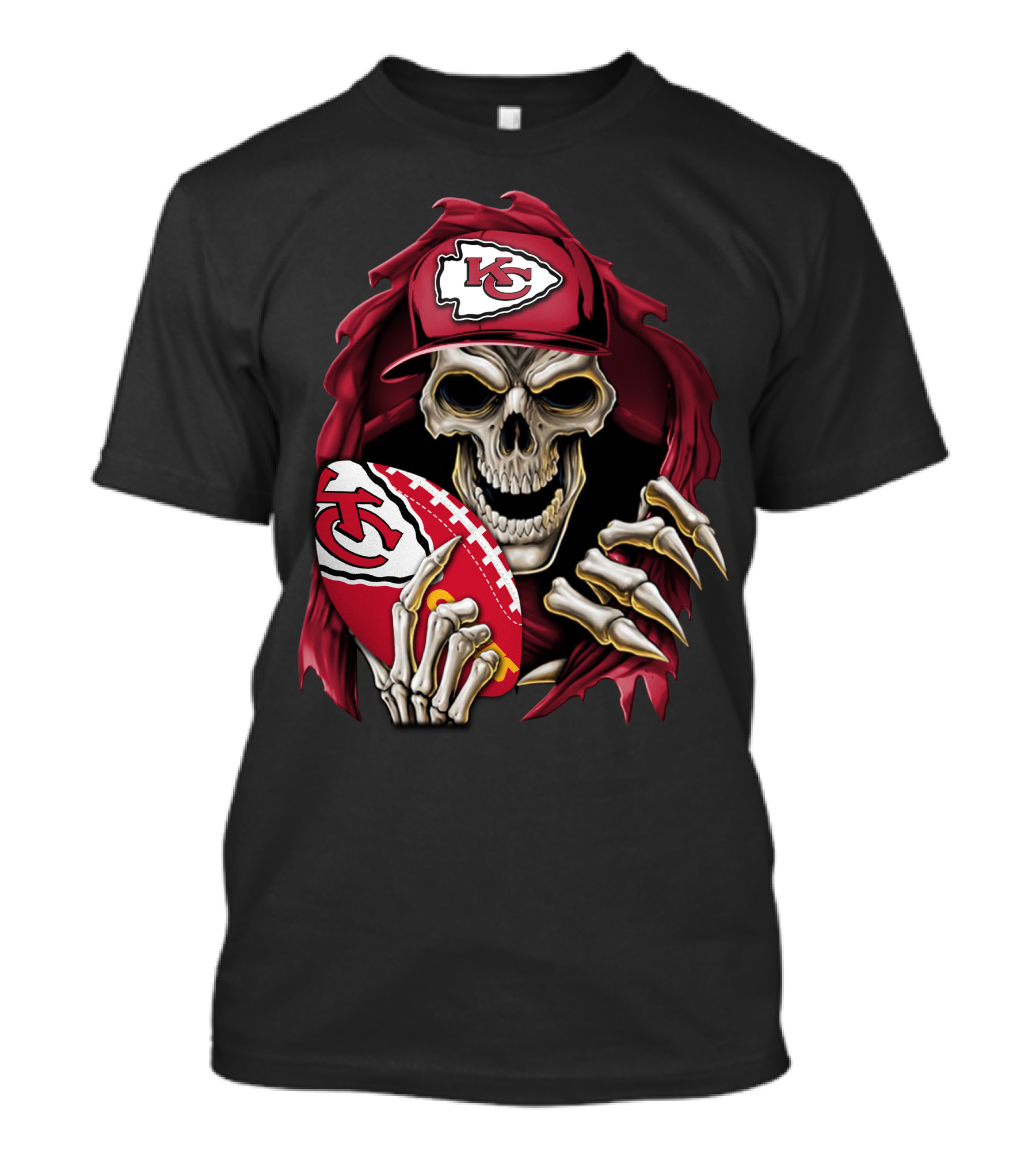 Skullbong Kansas City Chiefs Skeleton Holding Football With KC T-Shirt