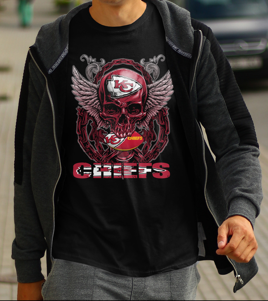 Skullfb Kansas City Chiefs Red Skull With Logo And Wings T-Shirt