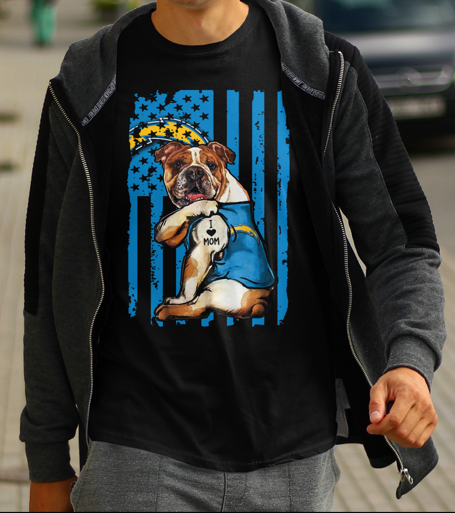 Bulldog I Love Mom Los Angeles Chargers Logo Stars Stripes T-Shirt