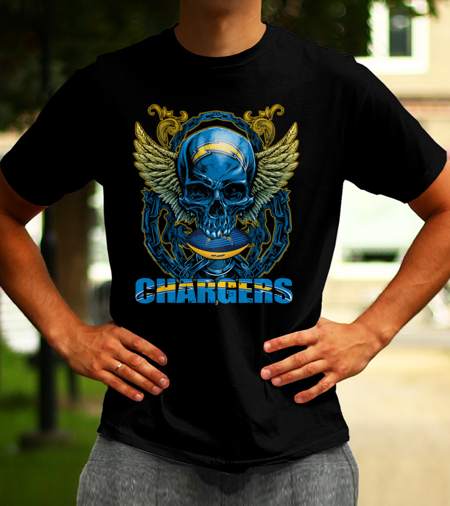 Skullfb Chargers Los Angeles Winged Skull Football Helmet And Chains T-Shirt