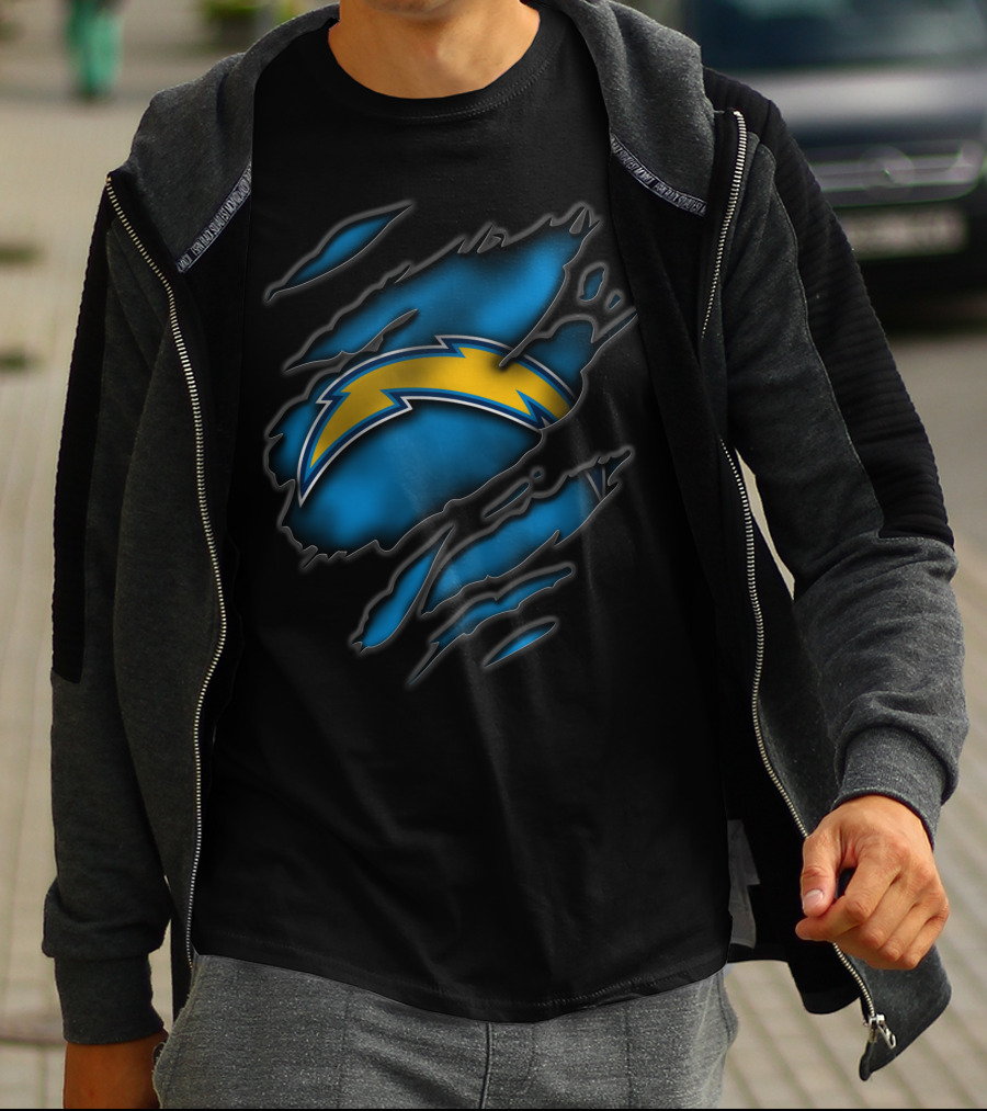 Torn Los Angeles Chargers Lightning Bolt Ripped Blue Claw Marks T-Shirt
