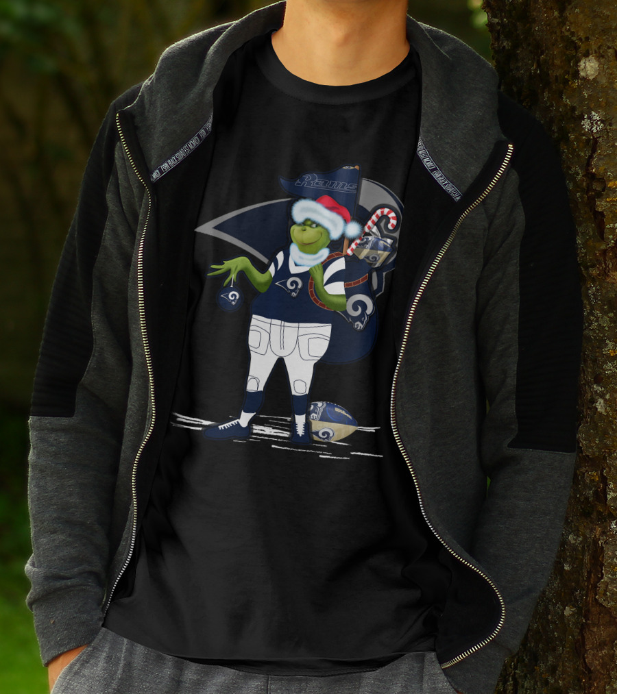Grinchxmas Los Angeles Rams Football Santa And Candy Cane T-Shirt