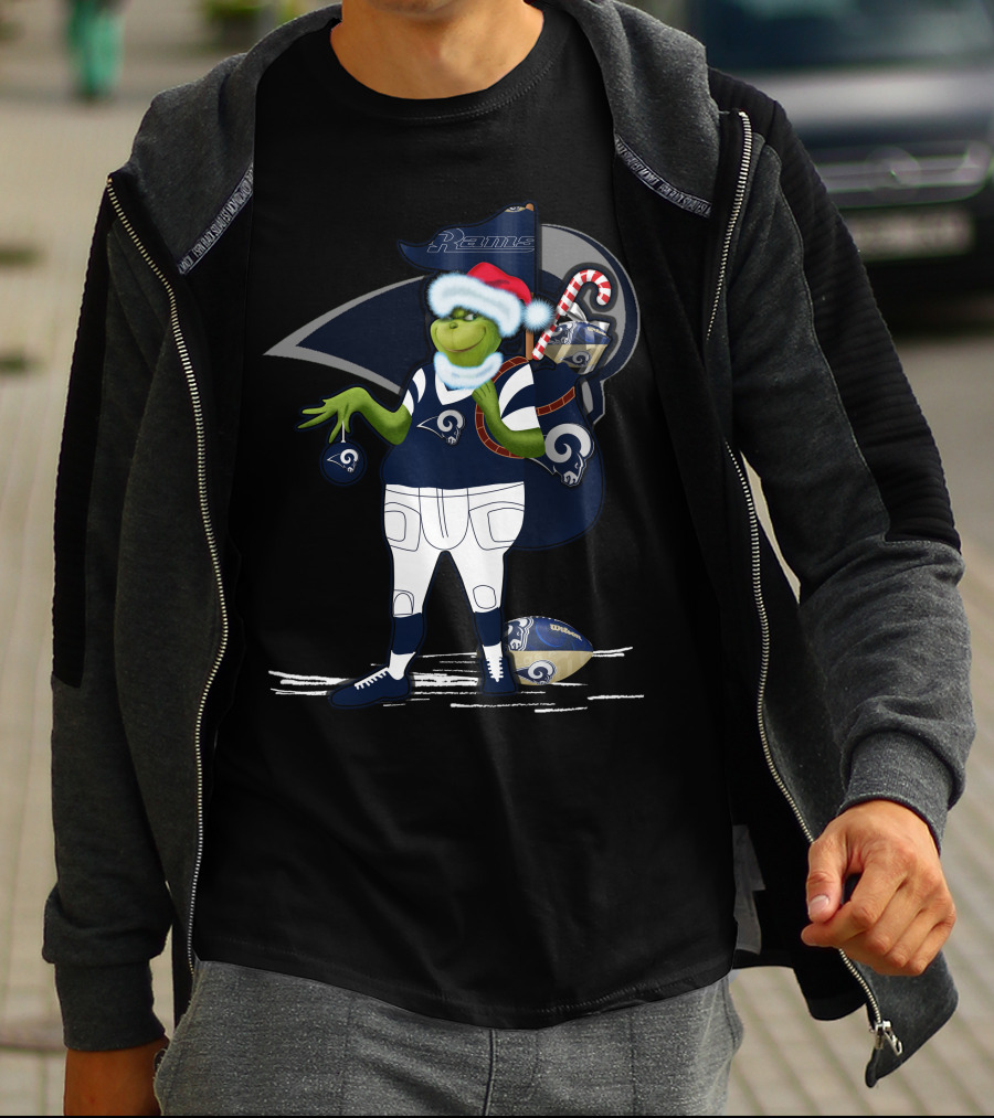 Grinchxmas Los Angeles Rams Football Santa And Candy Cane T-Shirt