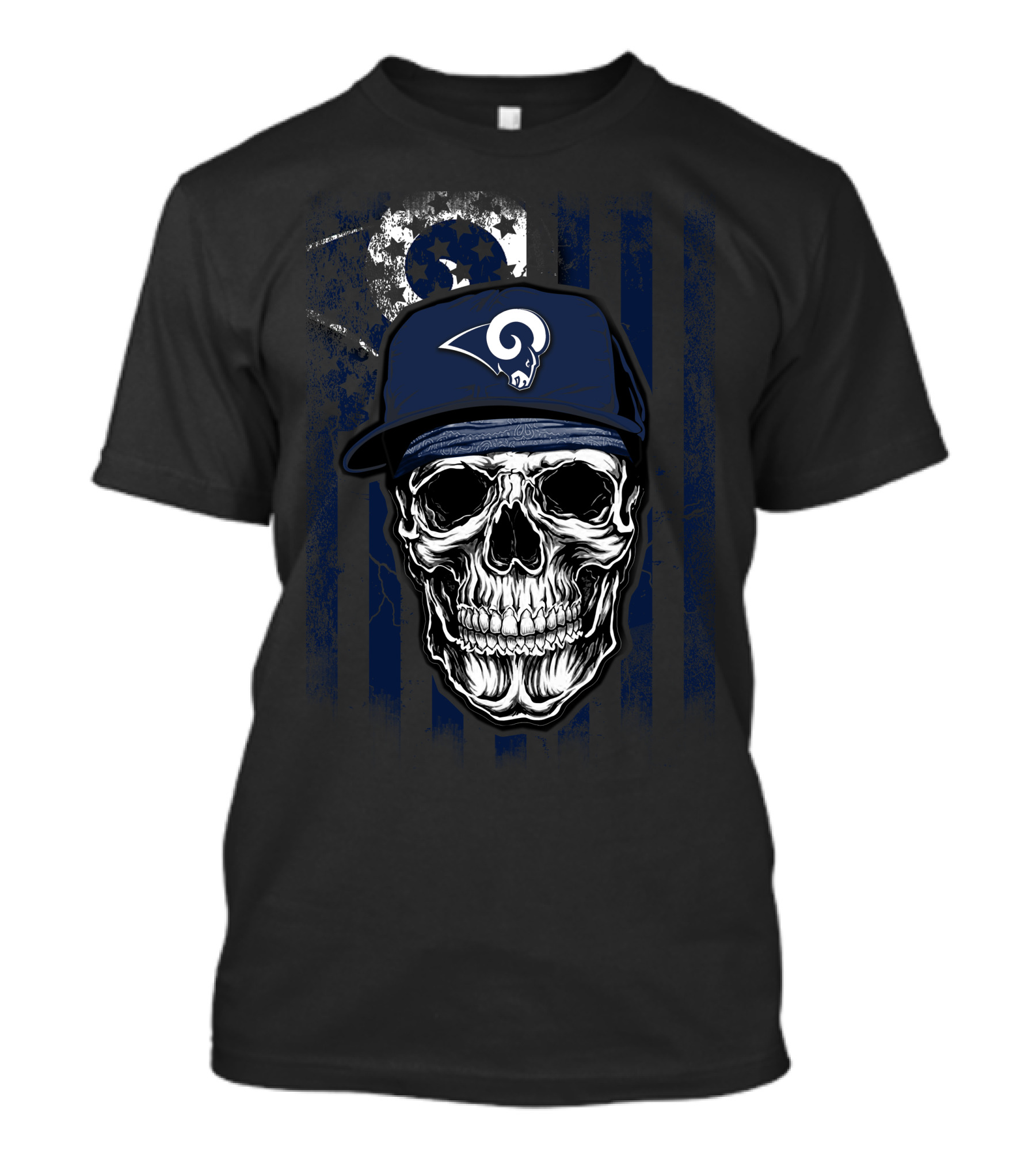 Skull With Los Angeles Rams Cap On American Flag Background T-Shirt