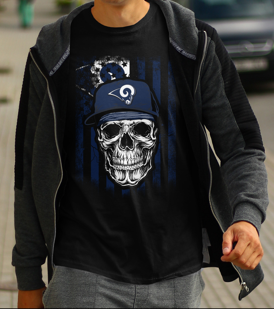Skull With Los Angeles Rams Cap On American Flag Background T-Shirt