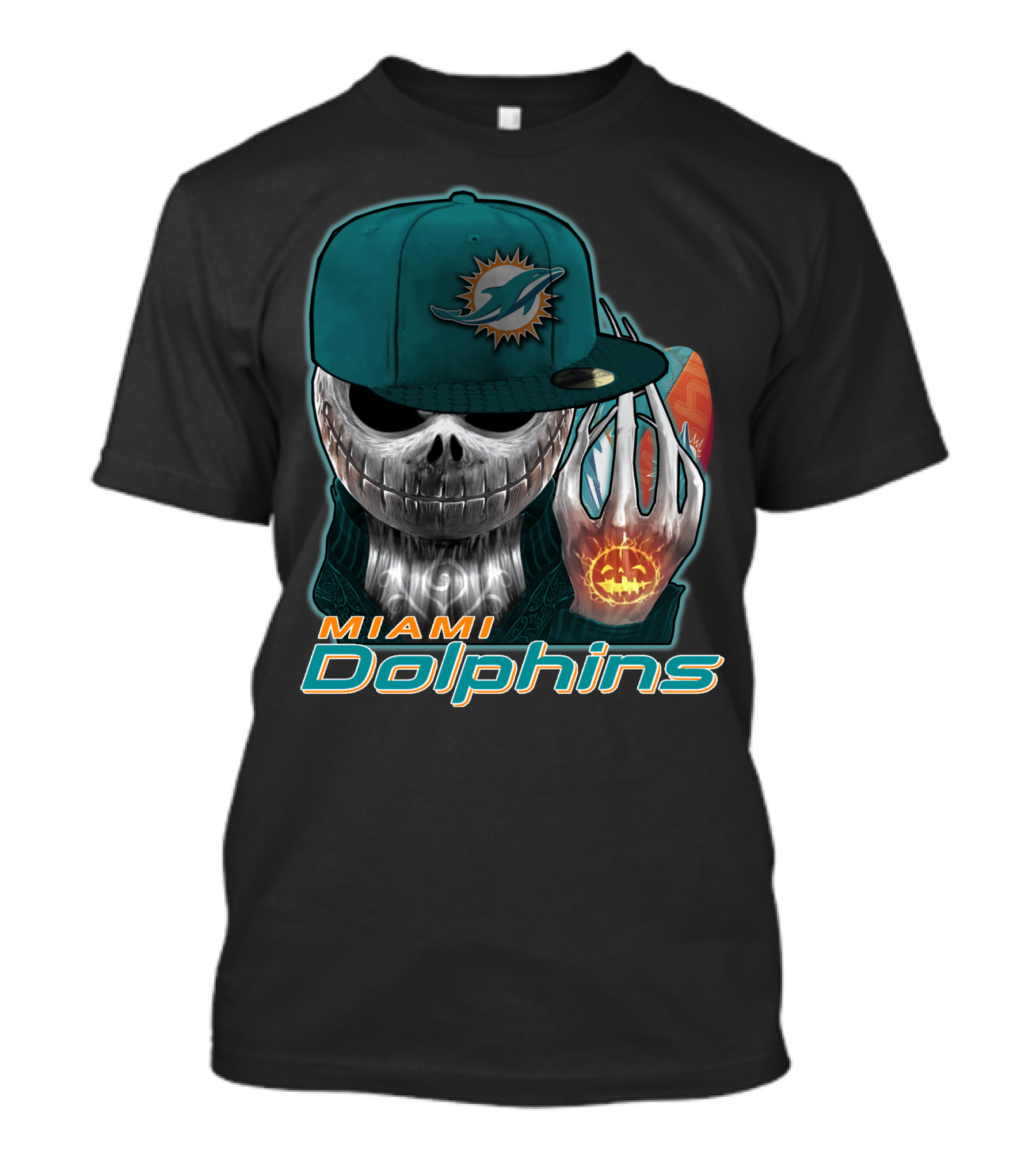 Miami Dolphins Skull With Jack-O'-Lantern Glove T-Shirt
