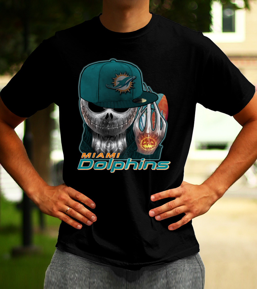 Miami Dolphins Skull With Jack-O'-Lantern Glove T-Shirt