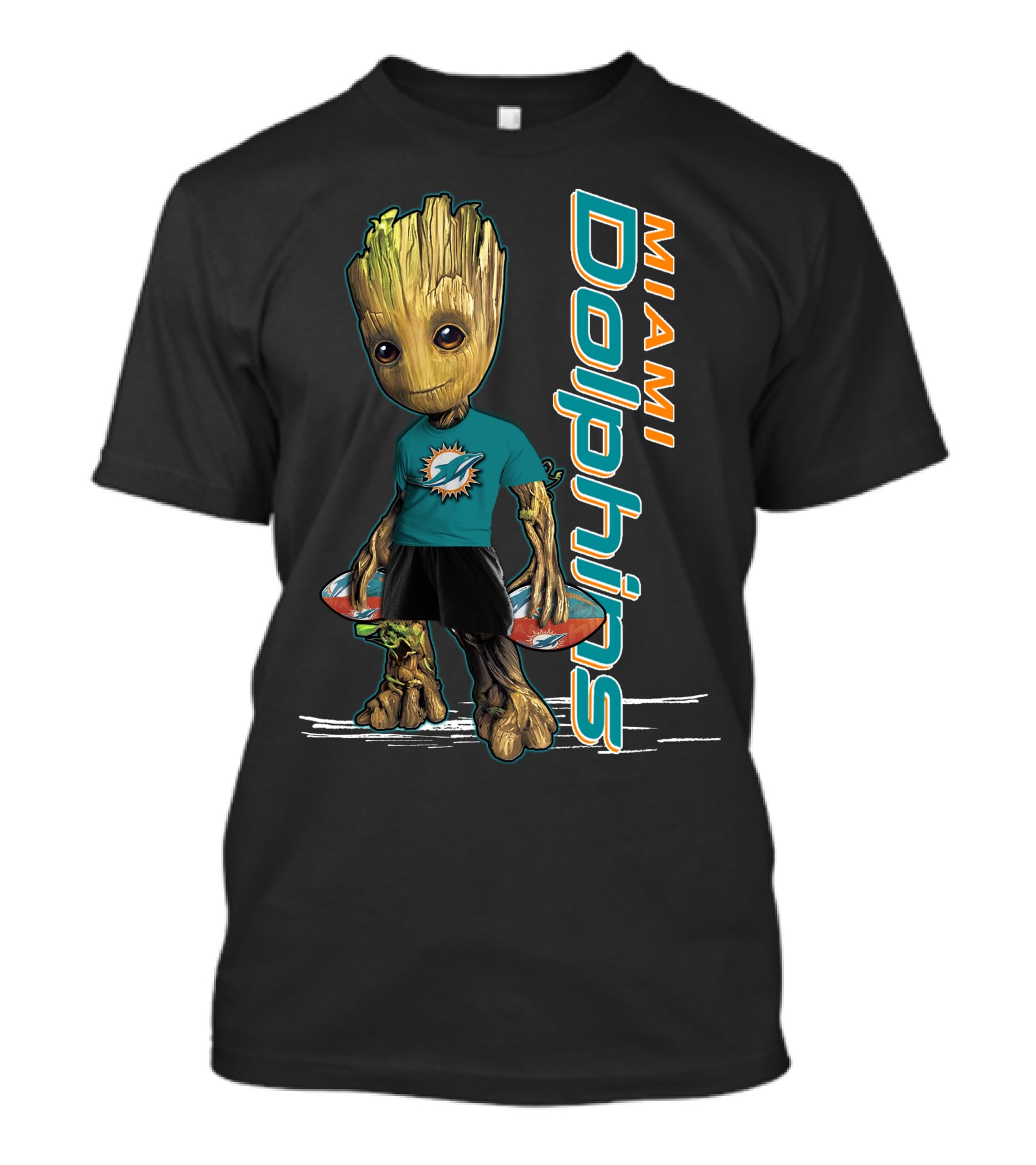 Groot Wearing Miami Dolphins Merchandise With Team Logo And Sports T-Shirt