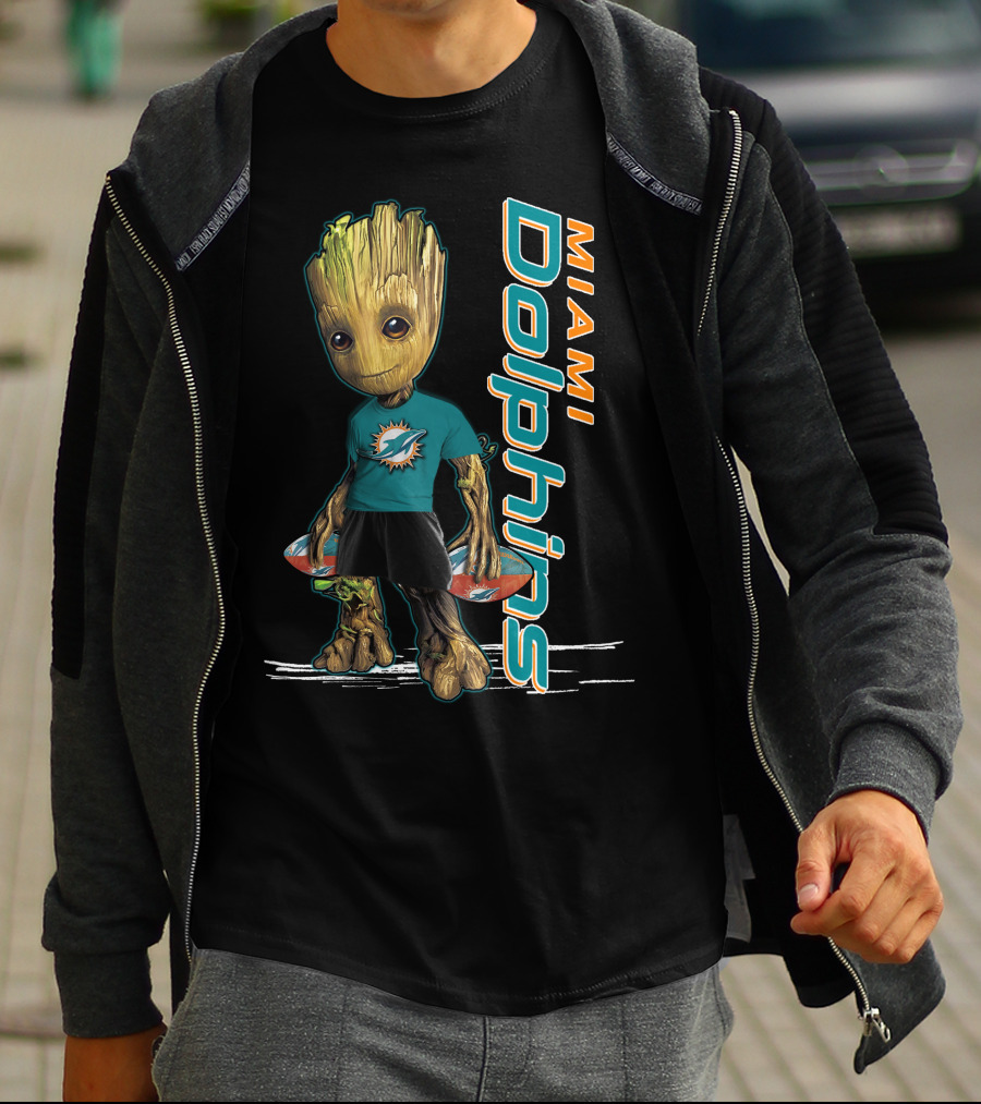 Groot Wearing Miami Dolphins Merchandise With Team Logo And Sports T-Shirt