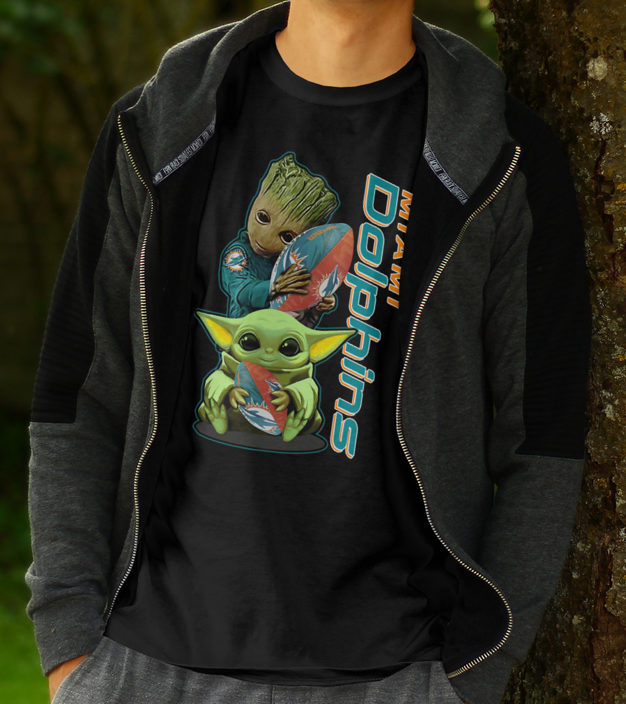 Groot And Baby Yoda Miami Dolphins Football Fan T-Shirt