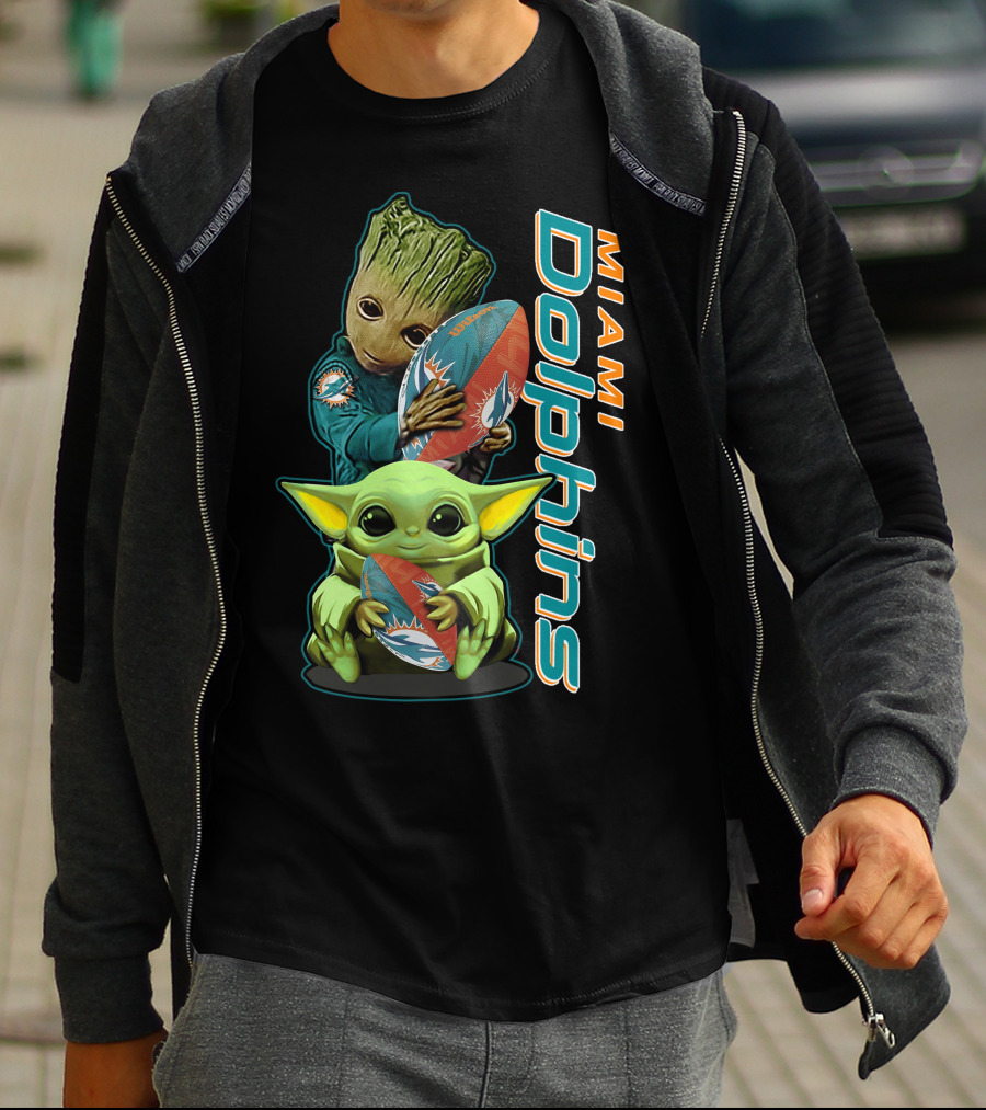 Groot And Baby Yoda Miami Dolphins Football Fan T-Shirt