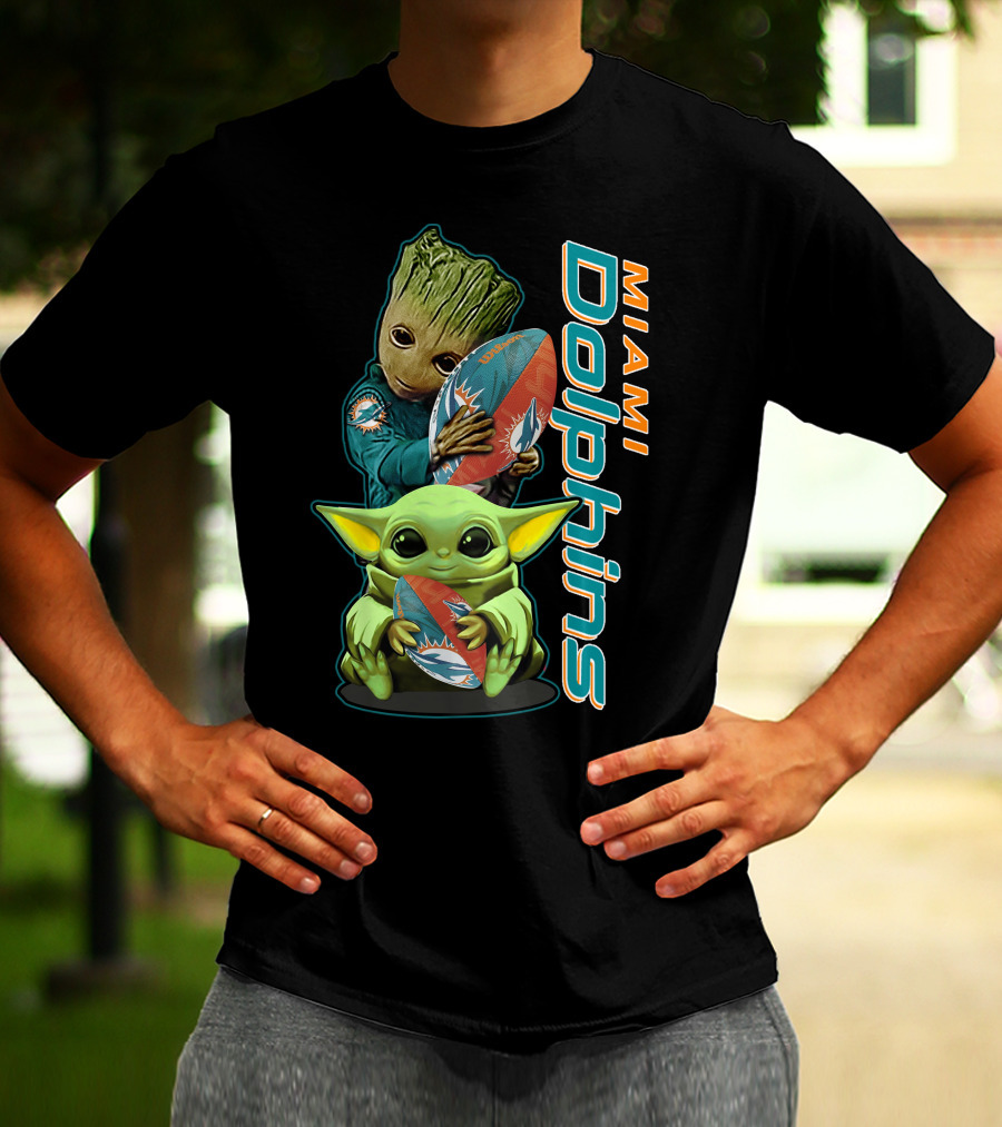 Groot And Baby Yoda Miami Dolphins Football Fan T-Shirt
