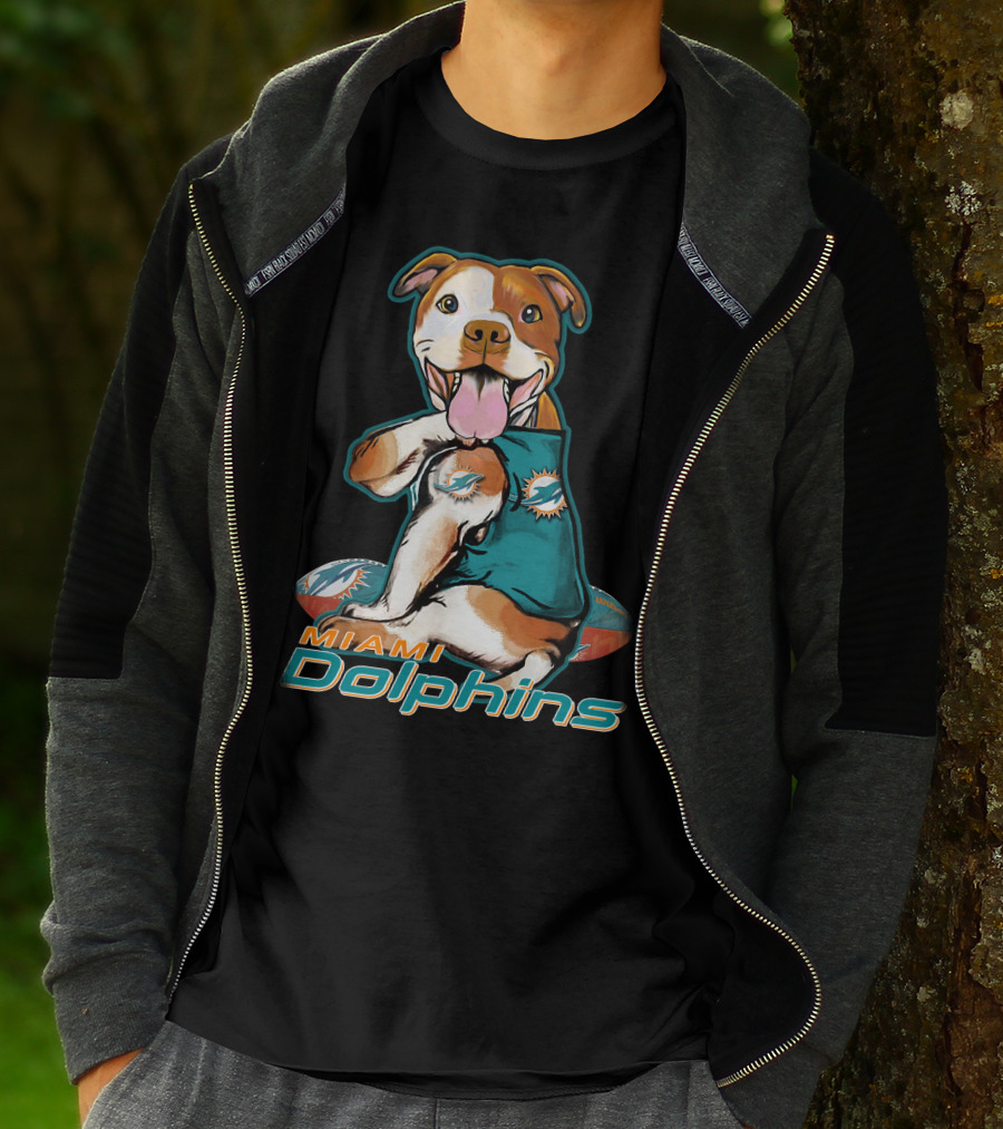 Pittbull Wearing Miami Dolphins Jersey With Logo And Football T-Shirt