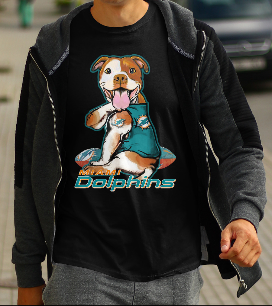 Pittbull Wearing Miami Dolphins Jersey With Logo And Football T-Shirt