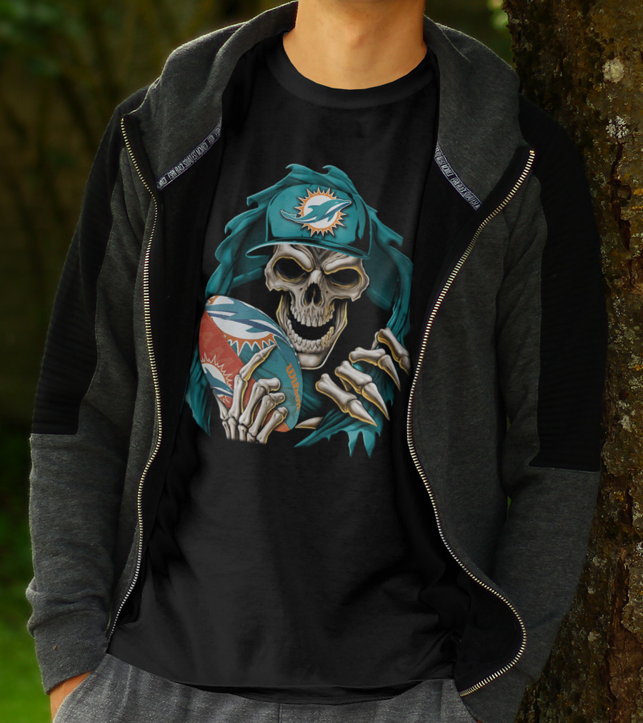 Skullbong Miami Dolphins Football Skeleton T-Shirt