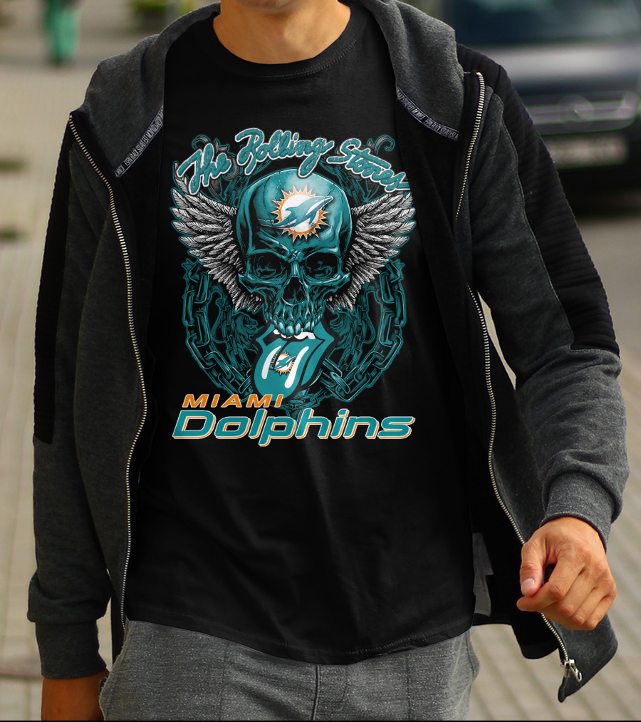 The Rolling Stones Miami Dolphins Skull With Wings Iconic Tongue T-Shirt