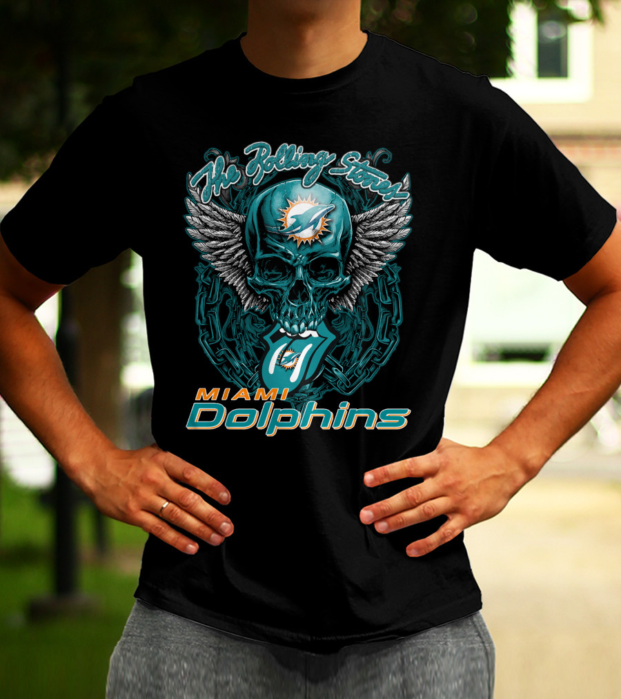 The Rolling Stones Miami Dolphins Skull With Wings Iconic Tongue T-Shirt