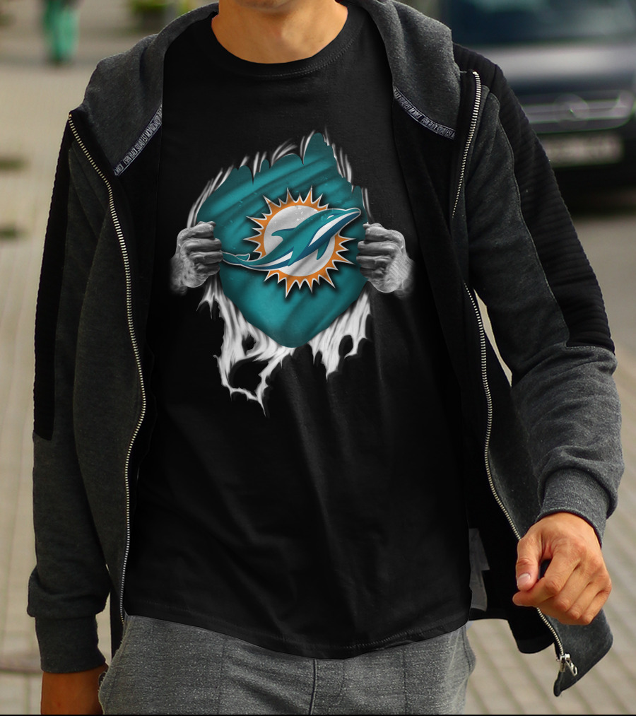 Torn Miami Dolphins Emblem With Hands Peeling Effect T-Shirt