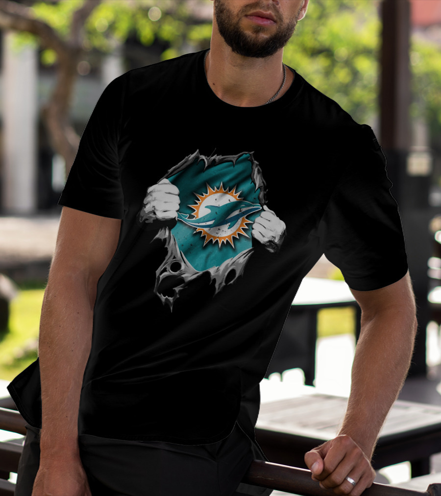 Torn Miami Dolphins Logo Revealed Through Ripped Fabric T-Shirt