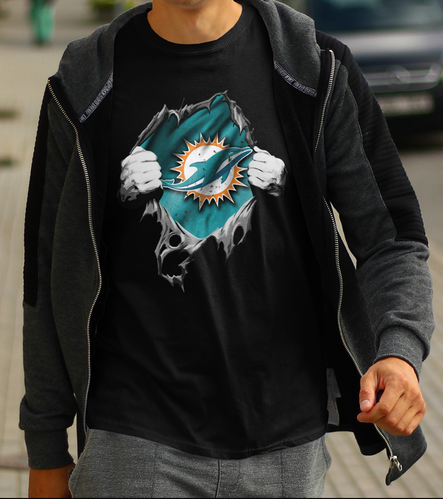 Torn Miami Dolphins Logo Revealed Through Ripped Fabric T-Shirt