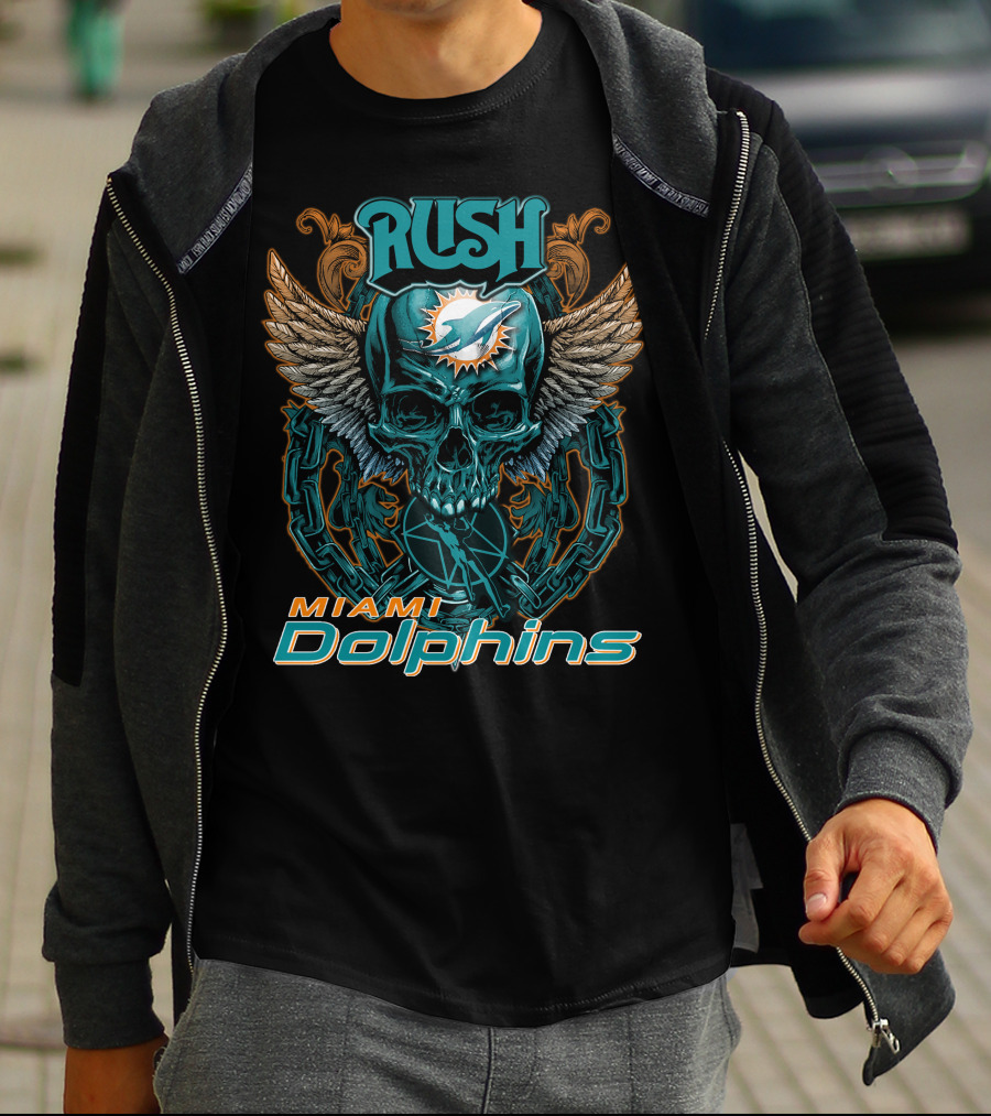 RUSH Miami Dolphins Skull Wings Chain T-Shirt