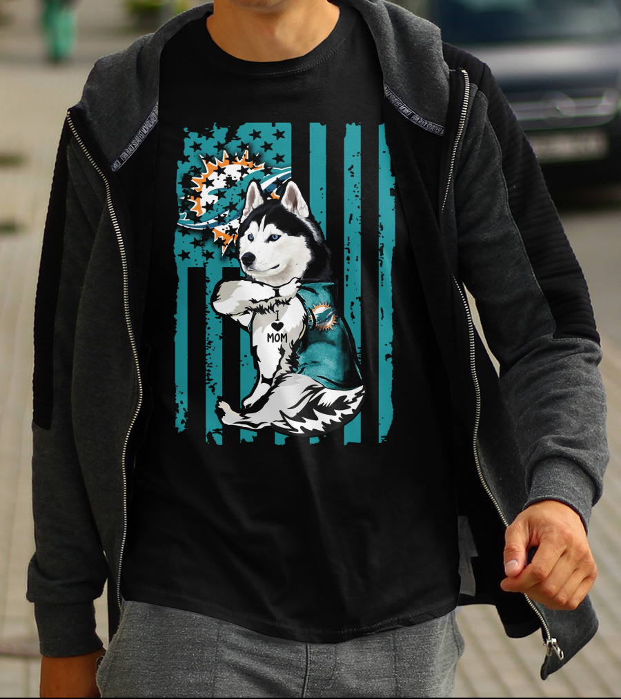 Siberian Husky Miami Dolphins Heart Mom Football Fan Flag T-Shirt