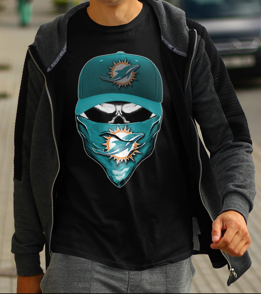Skull Miami Dolphins Logo Hat And Bandana T-Shirt