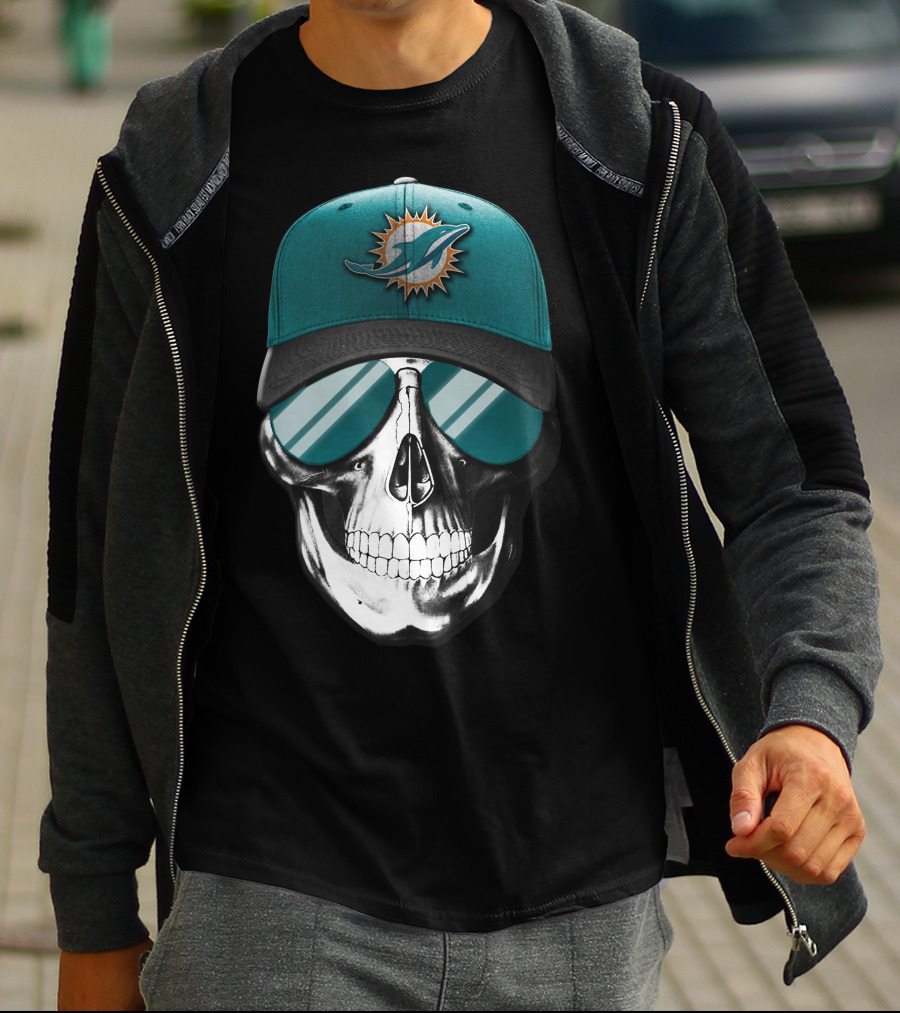 Skull With Miami Dolphins Hat And Sunglasses T-Shirt