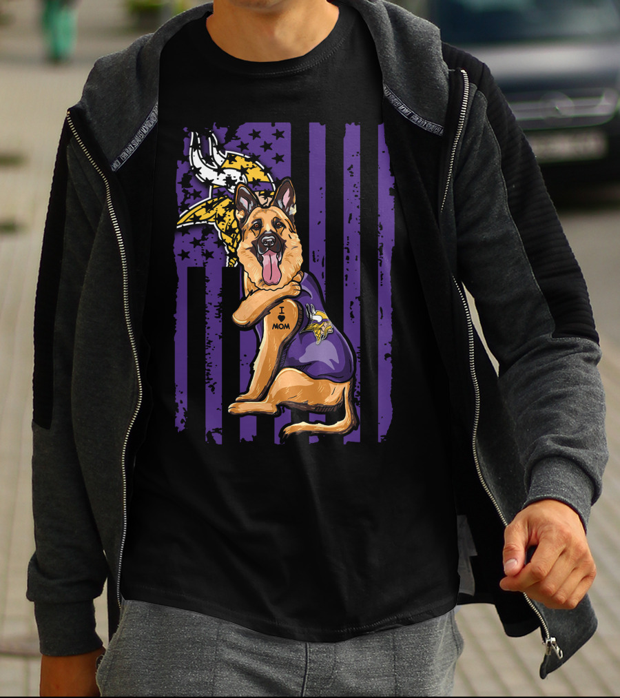 German Shepherd Minnesota Vikings Dog Wearing Jersey With Vikings Logo And I Love Mom Tattoo T-Shirt