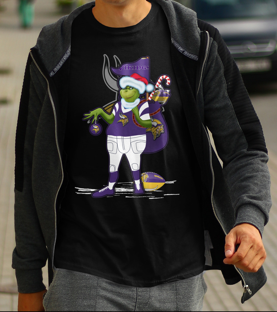 Grinchxmas Minnesota Vikings Santa Hat Candy Cane Football T-Shirt