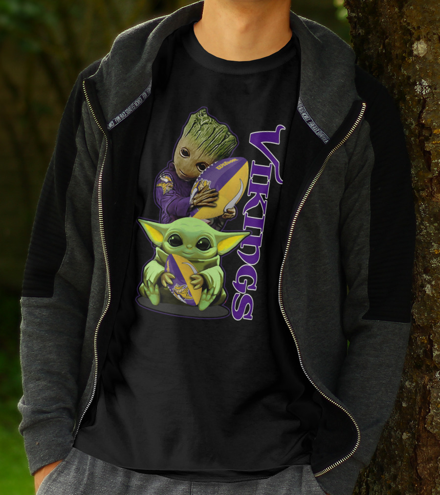Grzd Minnesota Vikings Groot And Baby Yoda Football Fan T-Shirt