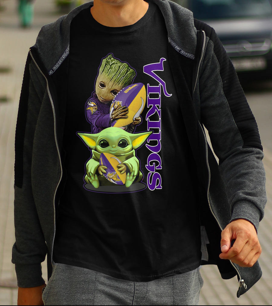 Grzd Minnesota Vikings Groot And Baby Yoda Football Fan T-Shirt