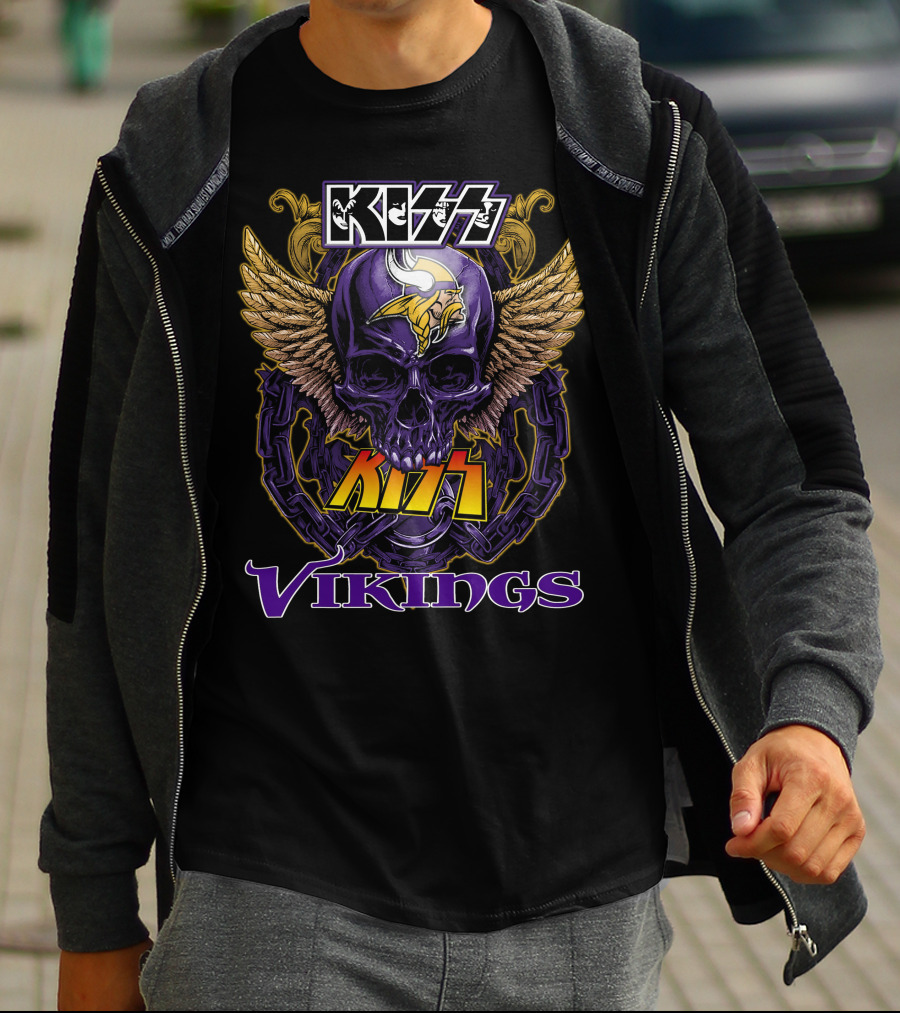 Kiss Vikings Skull With Minnesota Vikings Logo And Wings T-Shirt