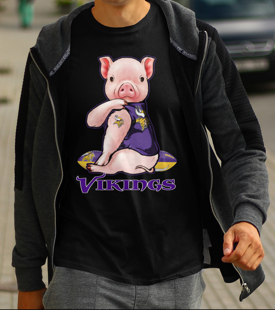 Pig In Minnesota Vikings Jersey With Football T-Shirt