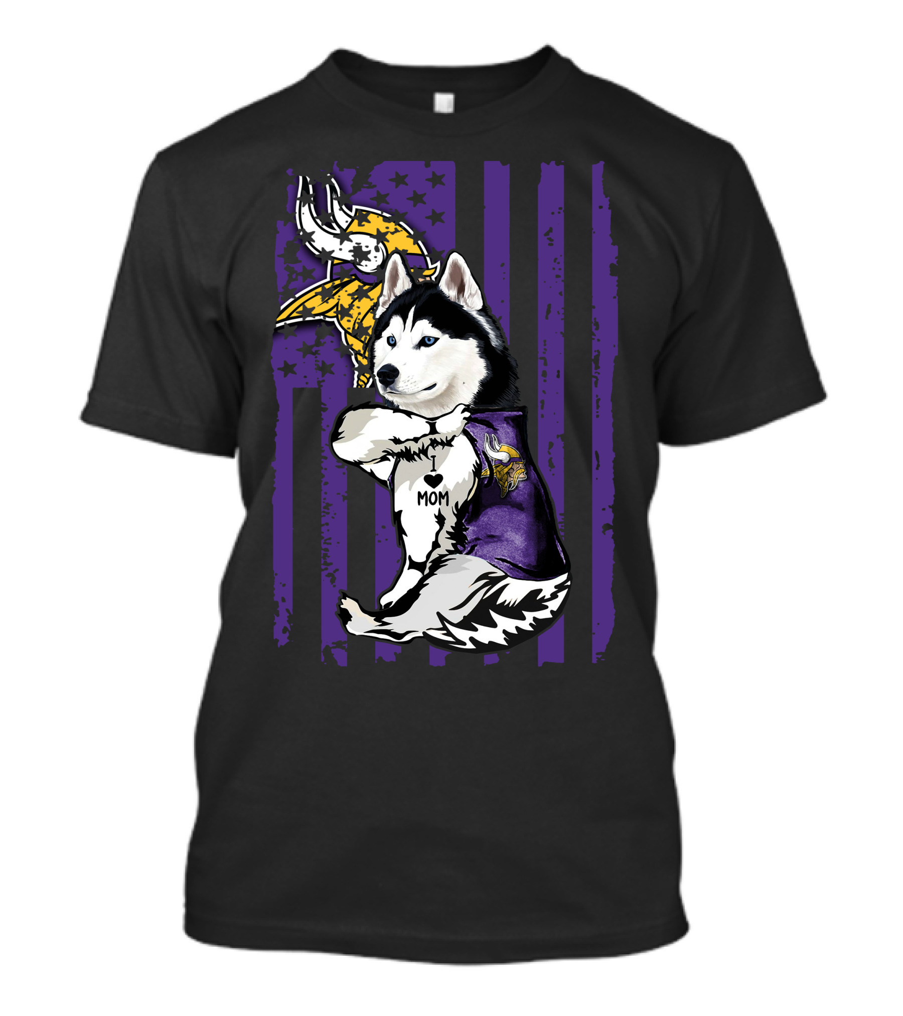 Siberian Husky Vikings Fan Mom Love With Purple Flag And Helmet T-Shirt