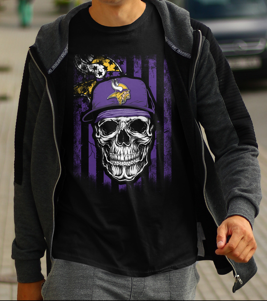 Skull With Minnesota Vikings Hat And Viking Logo On Purple And Black Stripes T-Shirt