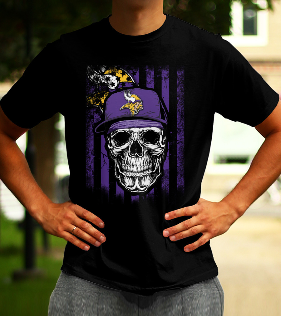 Skull With Minnesota Vikings Hat And Viking Logo On Purple And Black Stripes T-Shirt