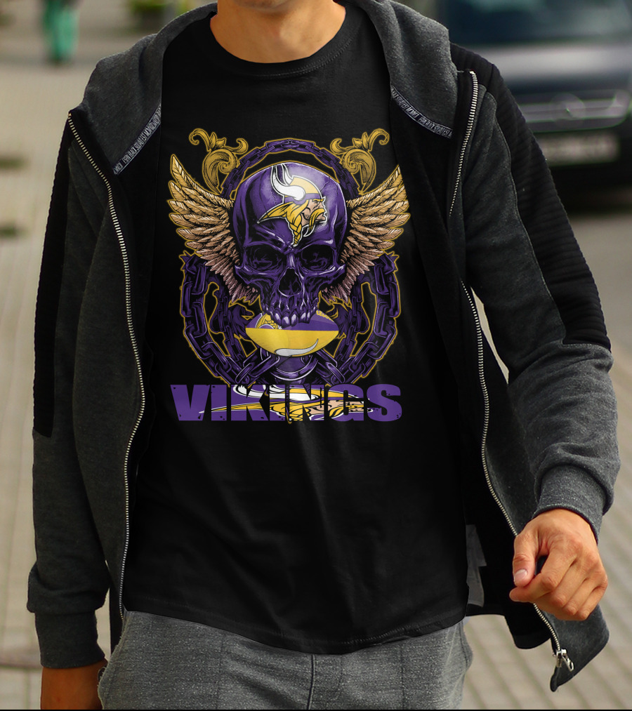 Skullfb Minnesota Vikings Winged Skull And Football Helmet T-Shirt