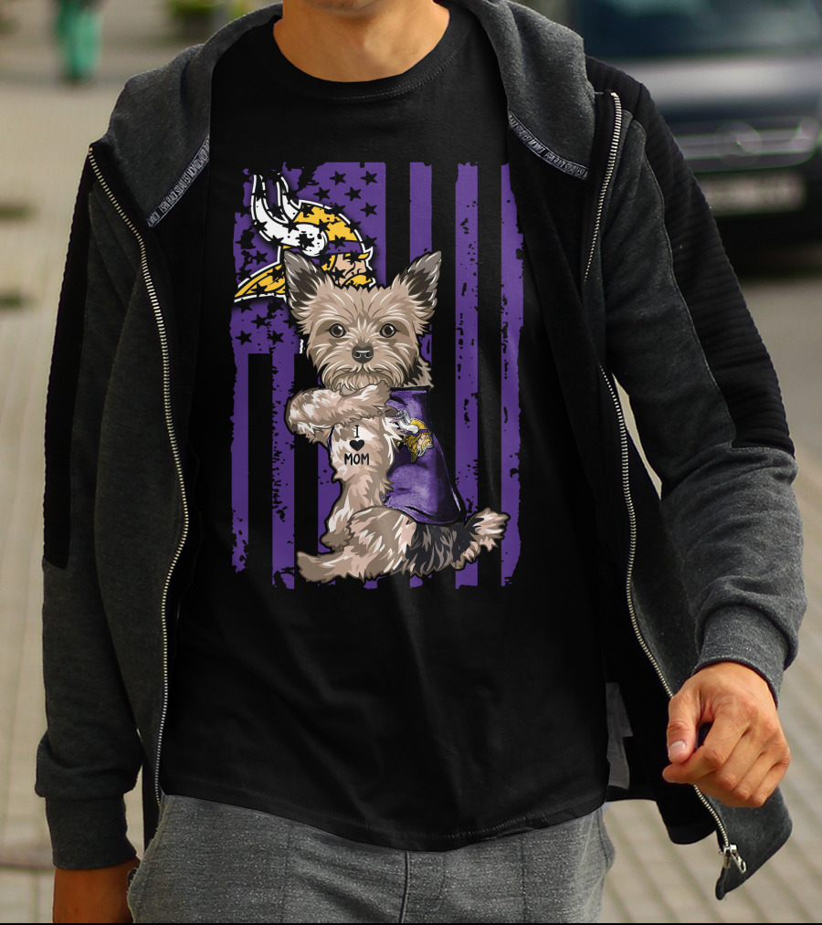 Yorkshire Terrier Wearing Minnesota Vikings I Love Mom Shirt With Viking Head And Purple Distressed Stripes Background T-Shirt