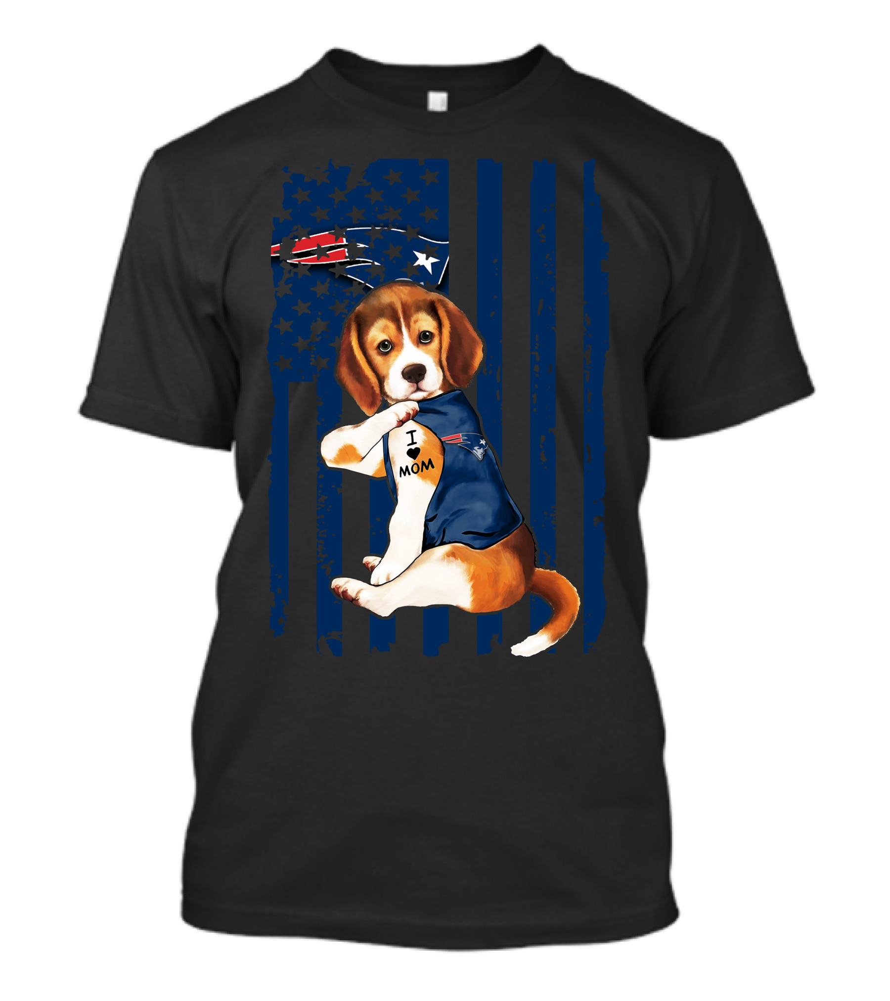 Patriotic Beagle Wearing New England Patriots Jersey I Love Mom T-Shirt