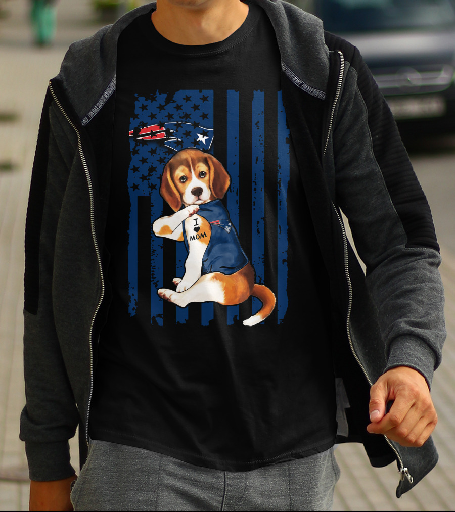 Patriotic Beagle Wearing New England Patriots Jersey I Love Mom T-Shirt