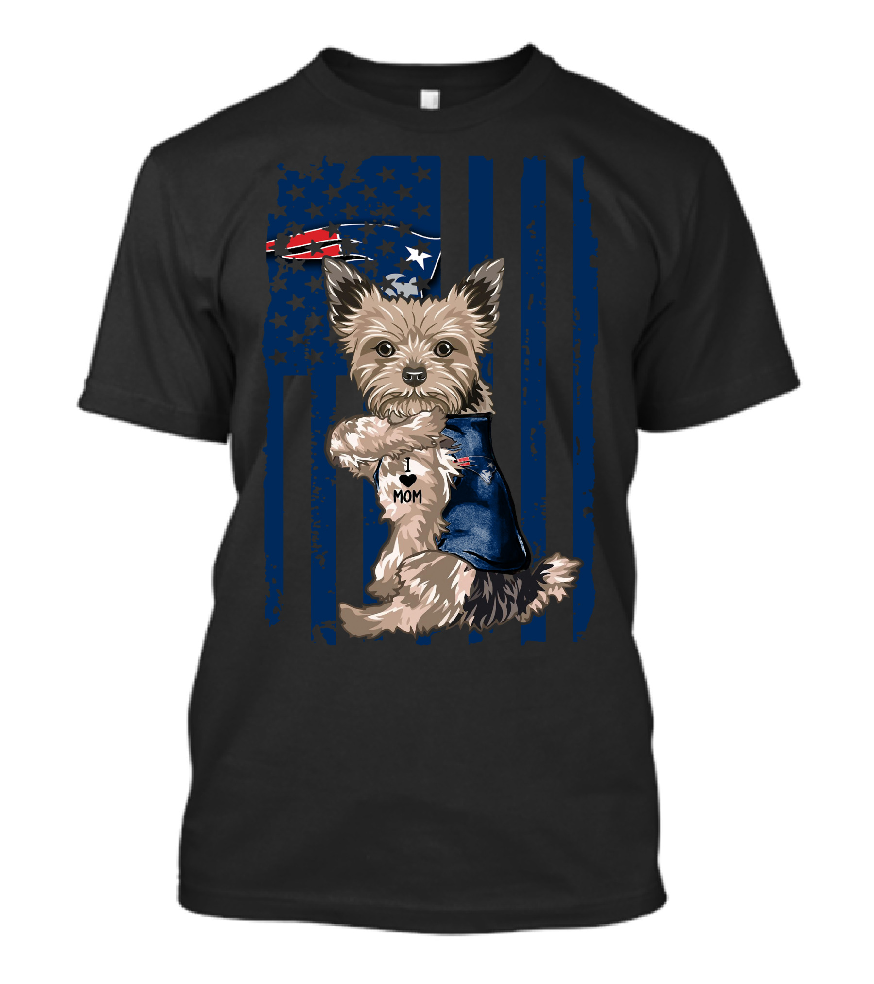 Yorkshire Terrier With I Love Mom Vest And New England Patriots Themed Background T-Shirt