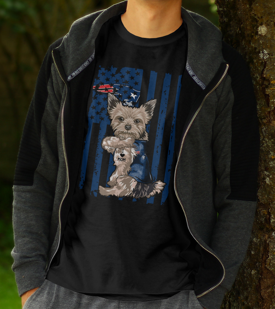 Yorkshire Terrier With I Love Mom Vest And New England Patriots Themed Background T-Shirt