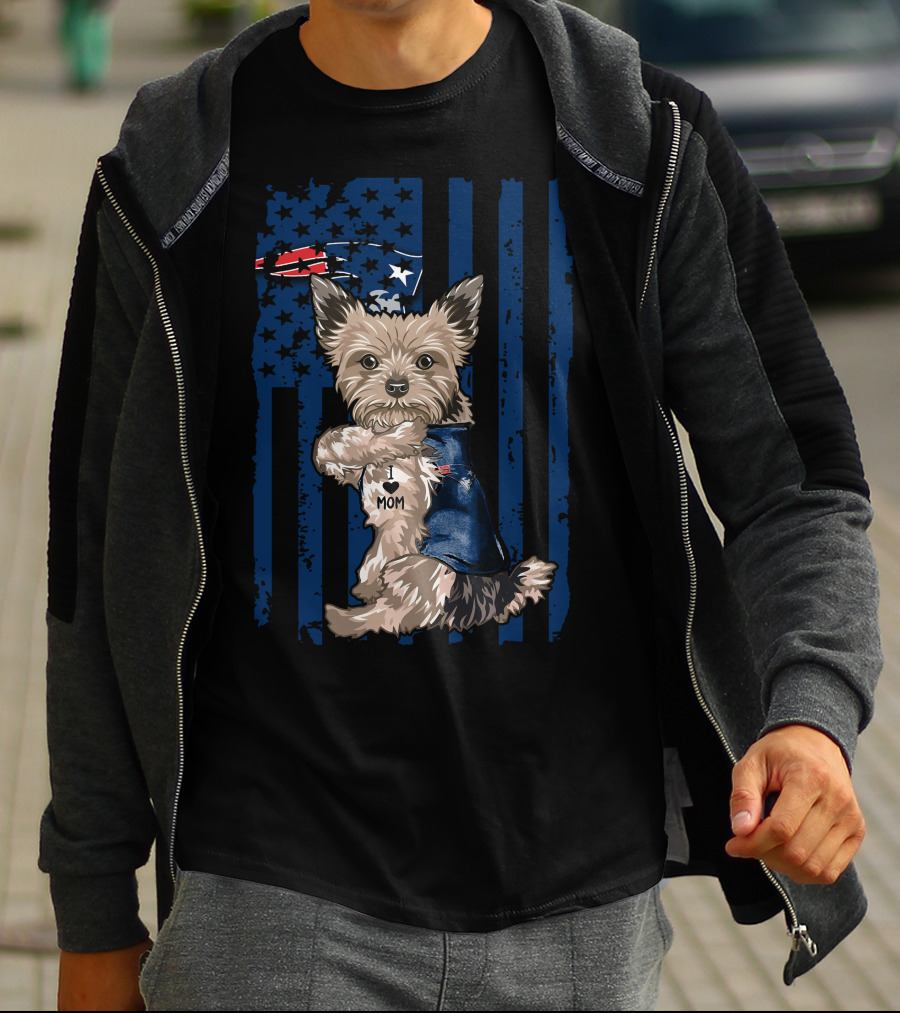 Yorkshire Terrier With I Love Mom Vest And New England Patriots Themed Background T-Shirt